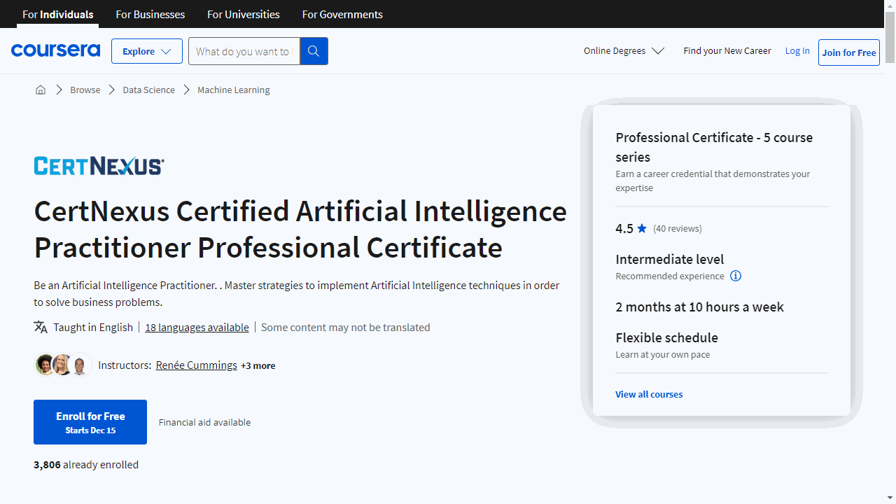 CertNexus Certified Artificial Intelligence Practitioner Professional Certificate