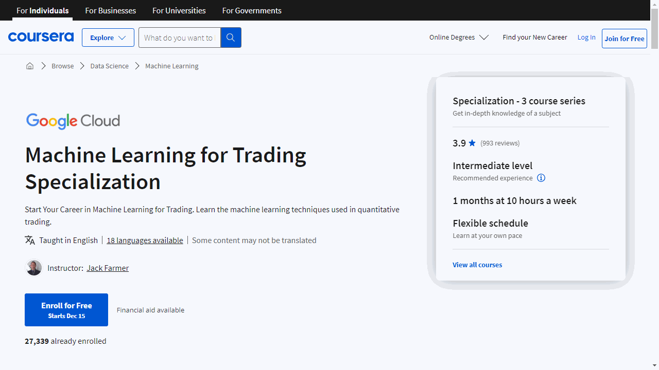 Machine Learning for Trading Specialization