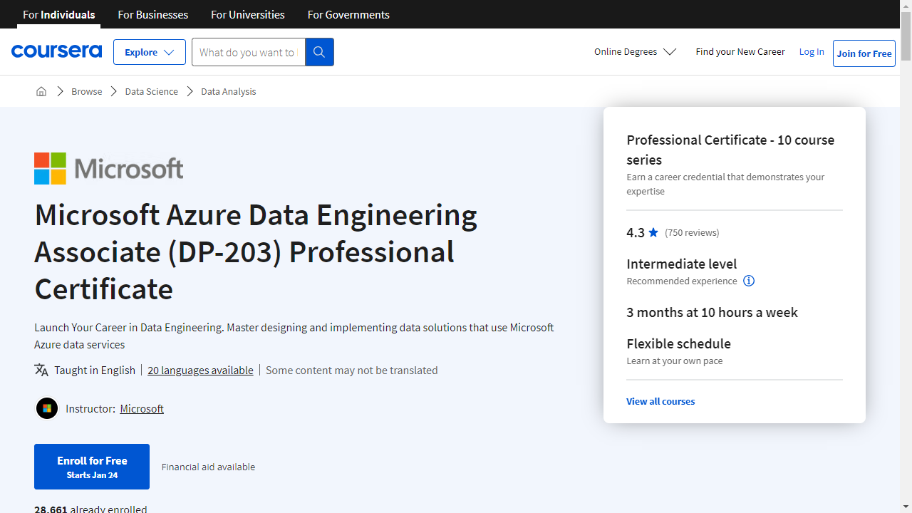 Microsoft Azure Data Engineering Associate (DP-203) Professional Certificate