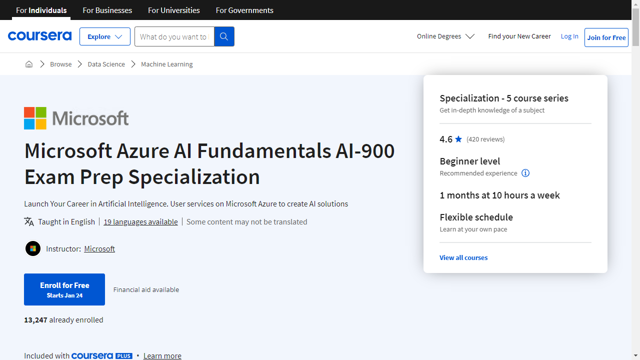 Microsoft Azure AI Fundamentals AI-900 Exam Prep Specialization