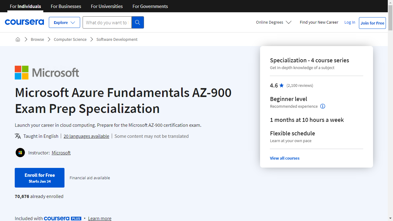 Microsoft Azure Fundamentals AZ-900 Exam Prep Specialization