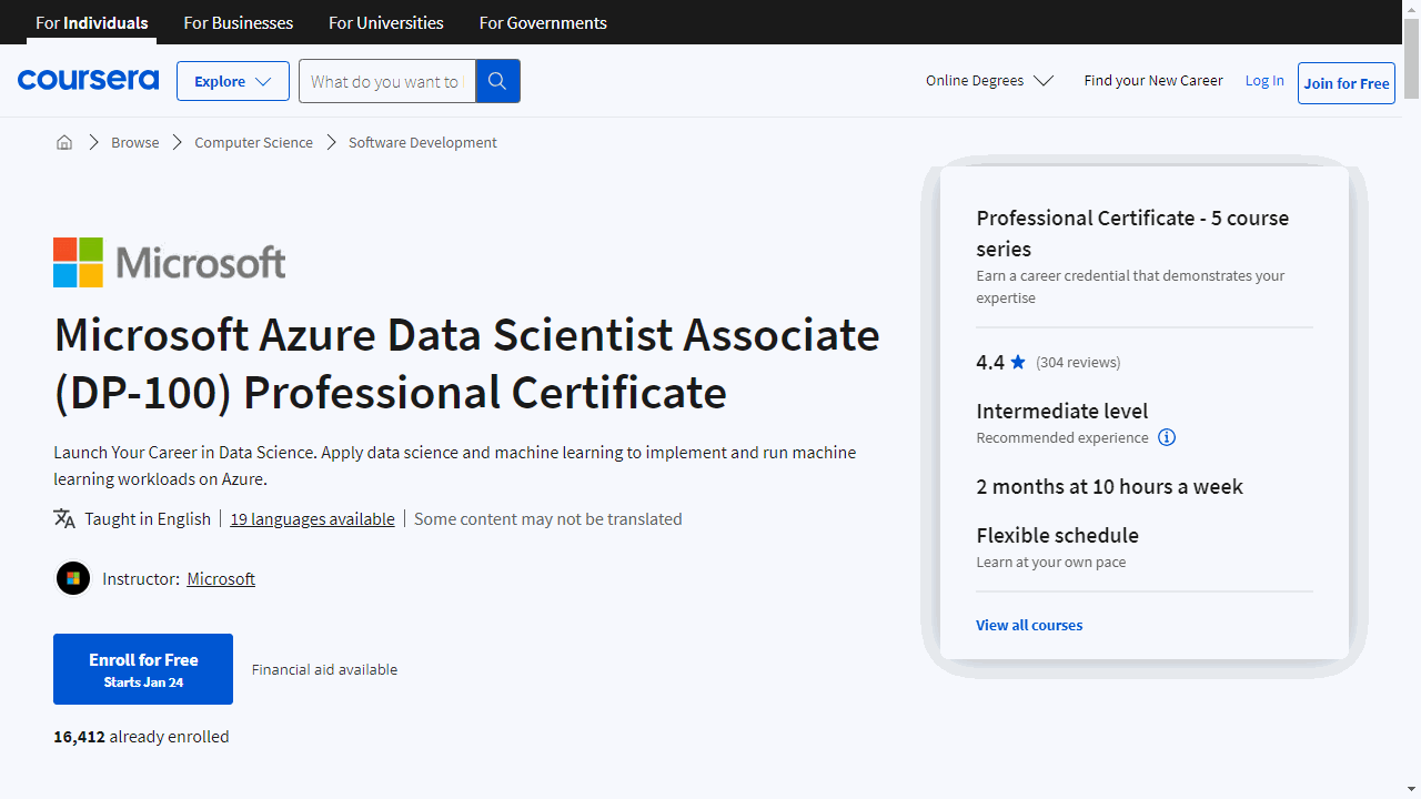 Microsoft Azure Data Scientist Associate (DP-100)  Professional Certificate