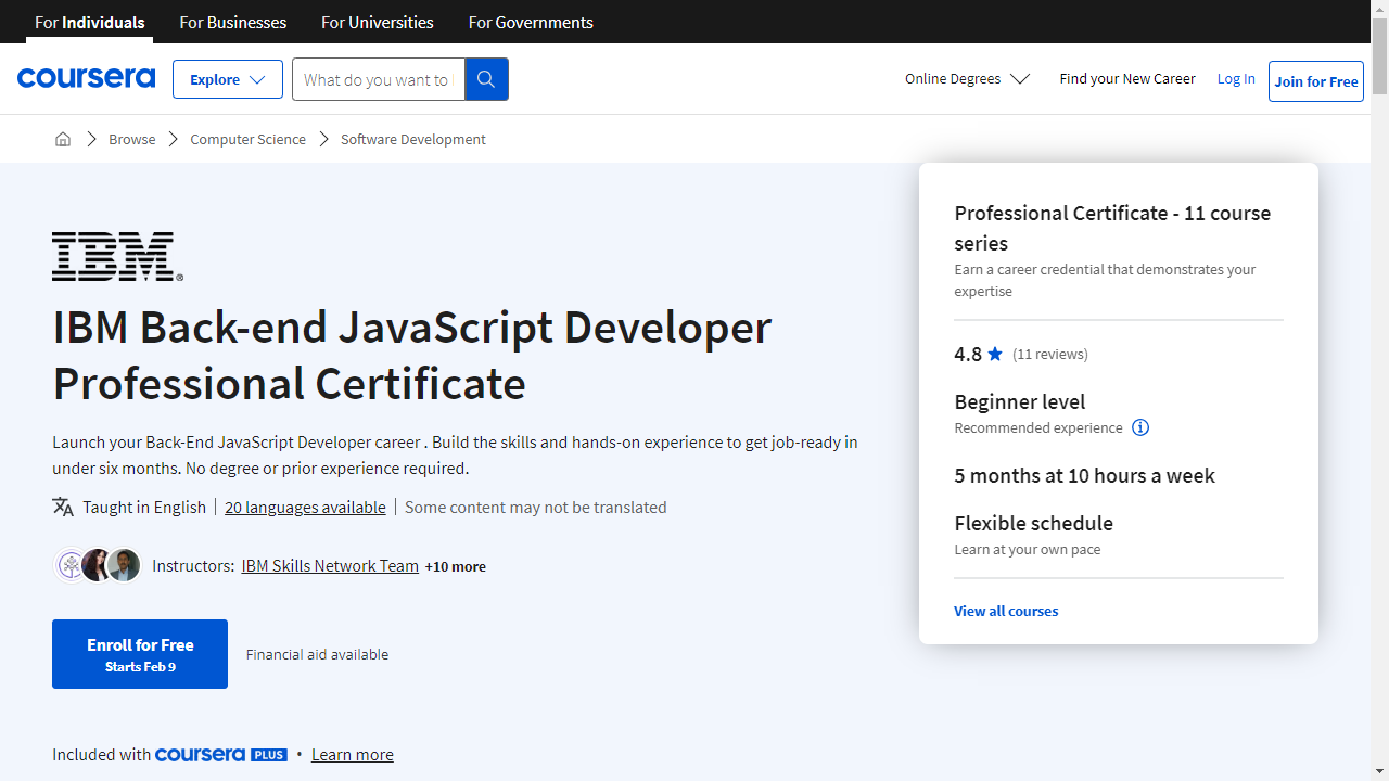 IBM Back-end JavaScript Developer Professional Certificate