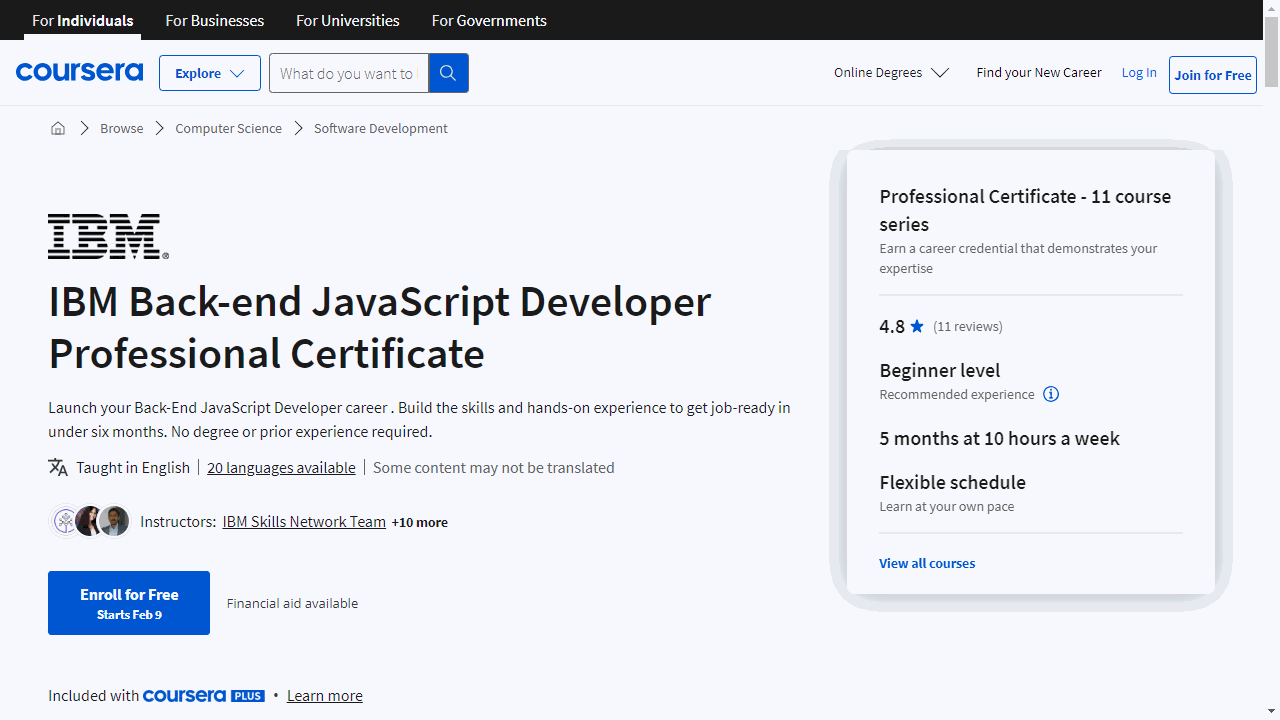 IBM Back-end JavaScript Developer Professional Certificate