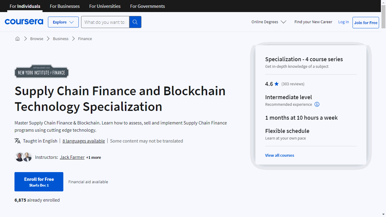 Supply Chain Finance and Blockchain Technology Specialization