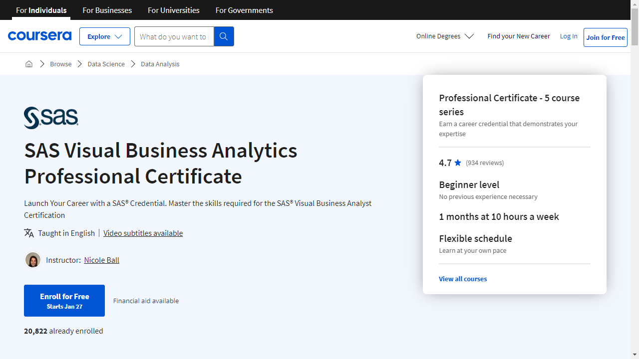 SAS Visual Business Analytics Professional Certificate