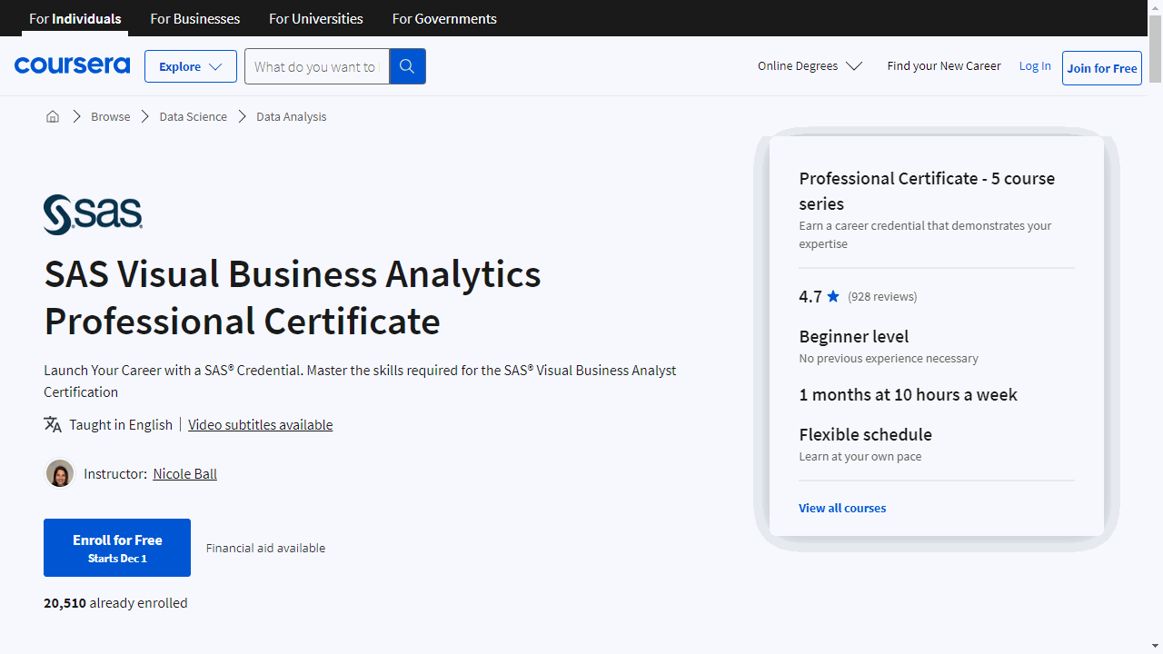SAS Visual Business Analytics Professional Certificate