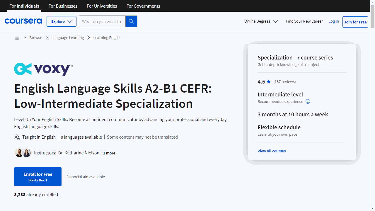 English Language Skills A2-B1 CEFR: Low-Intermediate Specialization