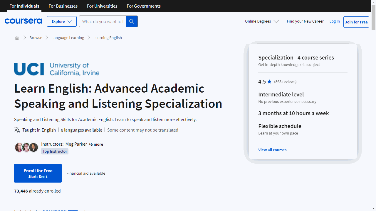 Learn English: Advanced Academic Speaking and Listening Specialization