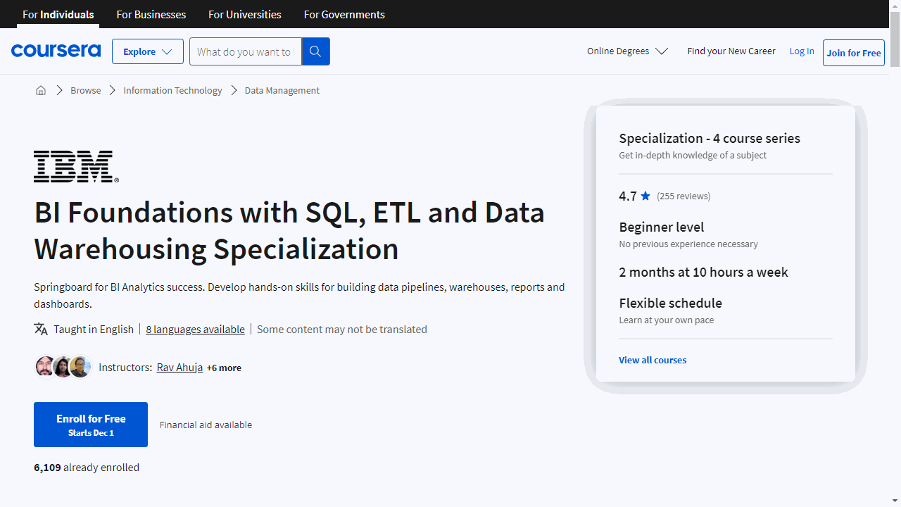 BI Foundations with SQL, ETL and Data Warehousing Specialization