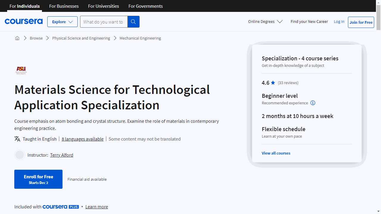 Materials Science for Technological Application Specialization