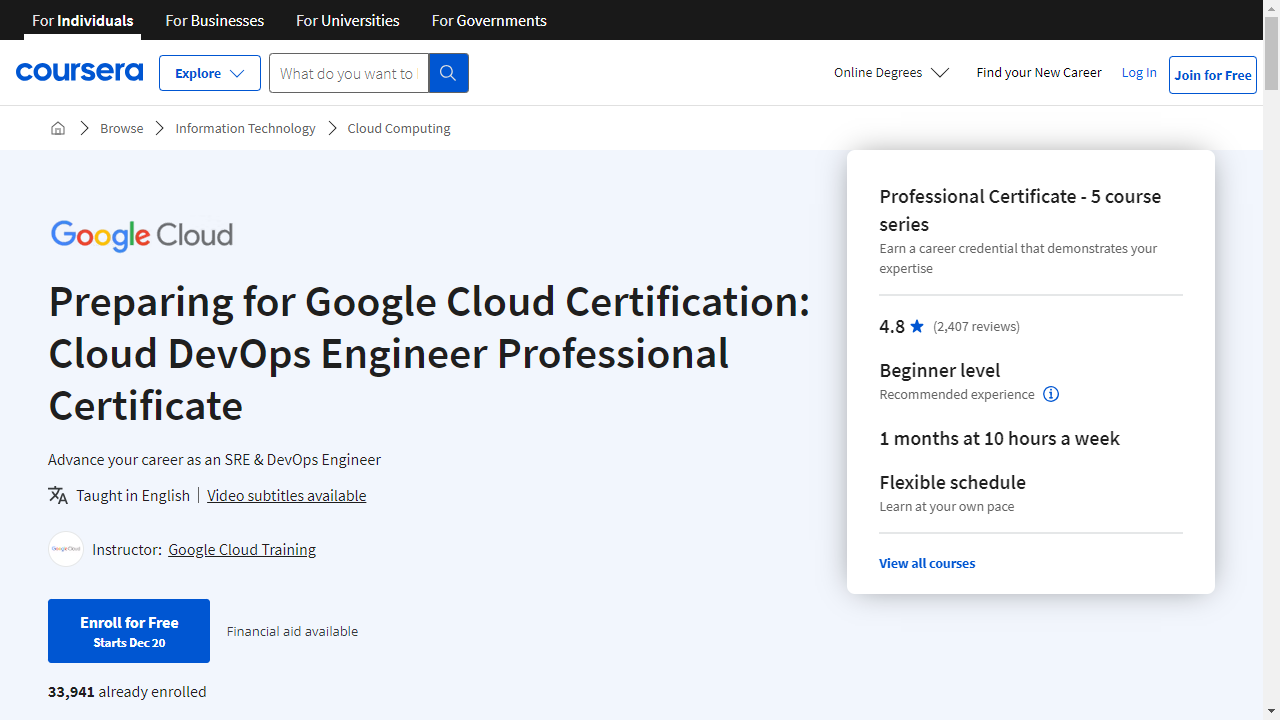 Preparing for Google Cloud Certification: Cloud DevOps Engineer Professional Certificate