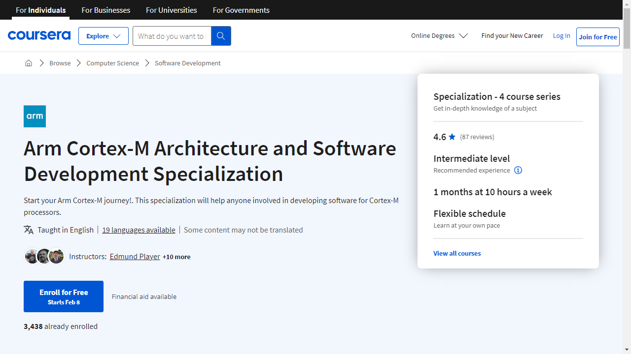 Arm Cortex-M Architecture and Software Development Specialization