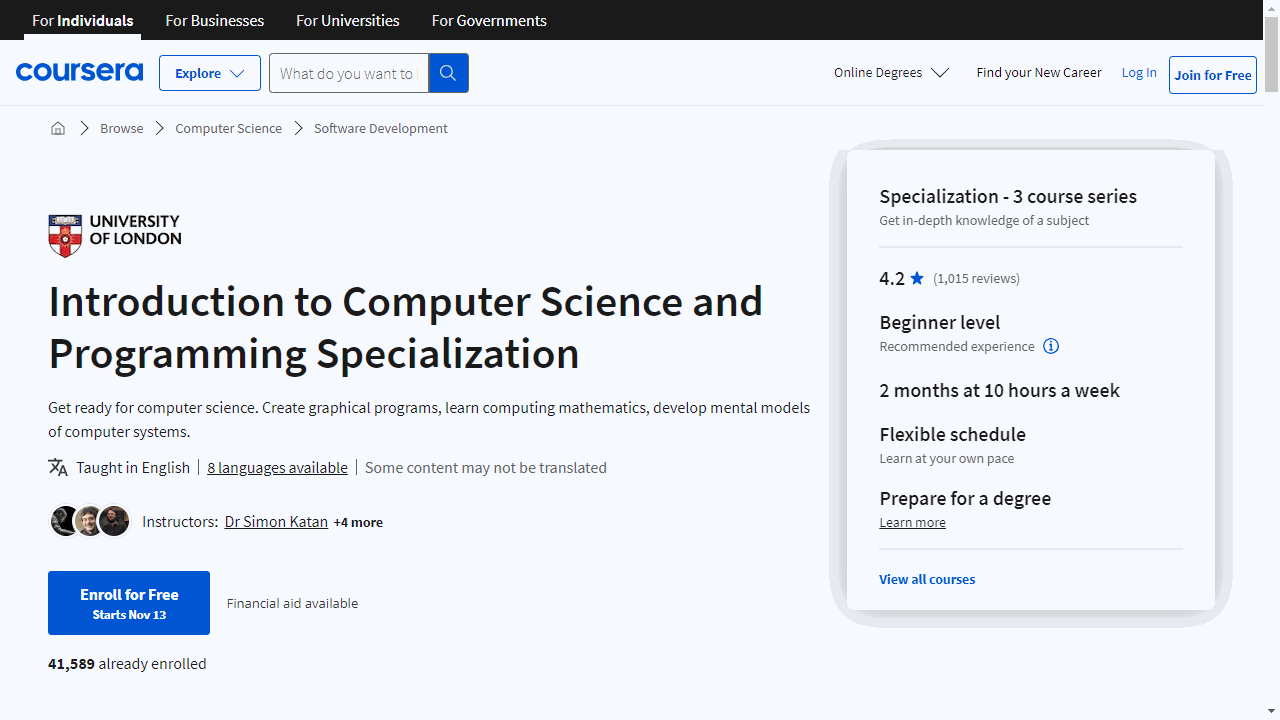 Introduction to Computer Science and Programming Specialization