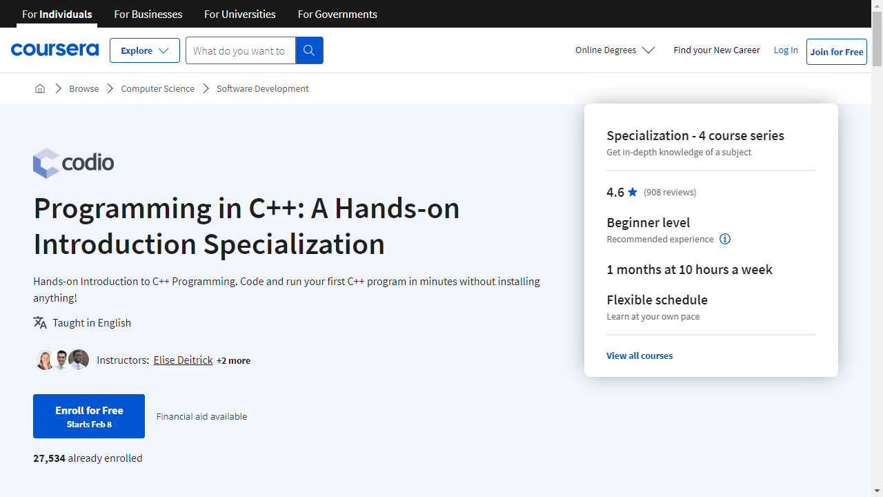 Programming in C++: A Hands-on Introduction Specialization