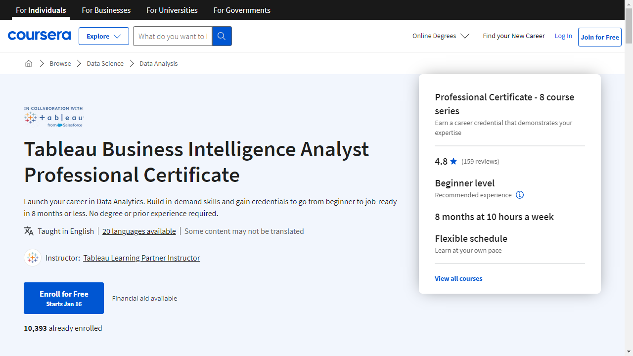 Tableau Business Intelligence Analyst Professional Certificate