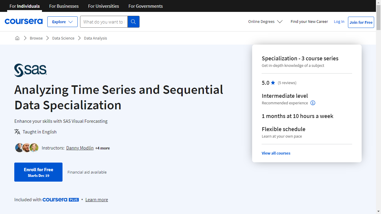 Analyzing Time Series and Sequential Data Specialization