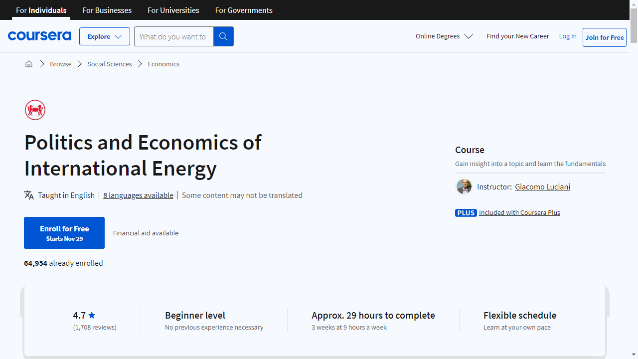 Politics and Economics of International Energy