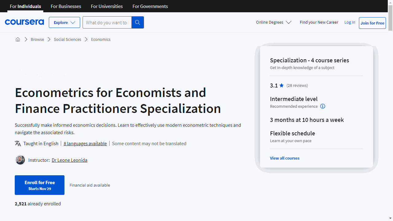 Econometrics for Economists and Finance Practitioners Specialization