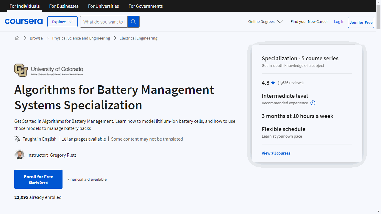 Algorithms for Battery Management Systems Specialization