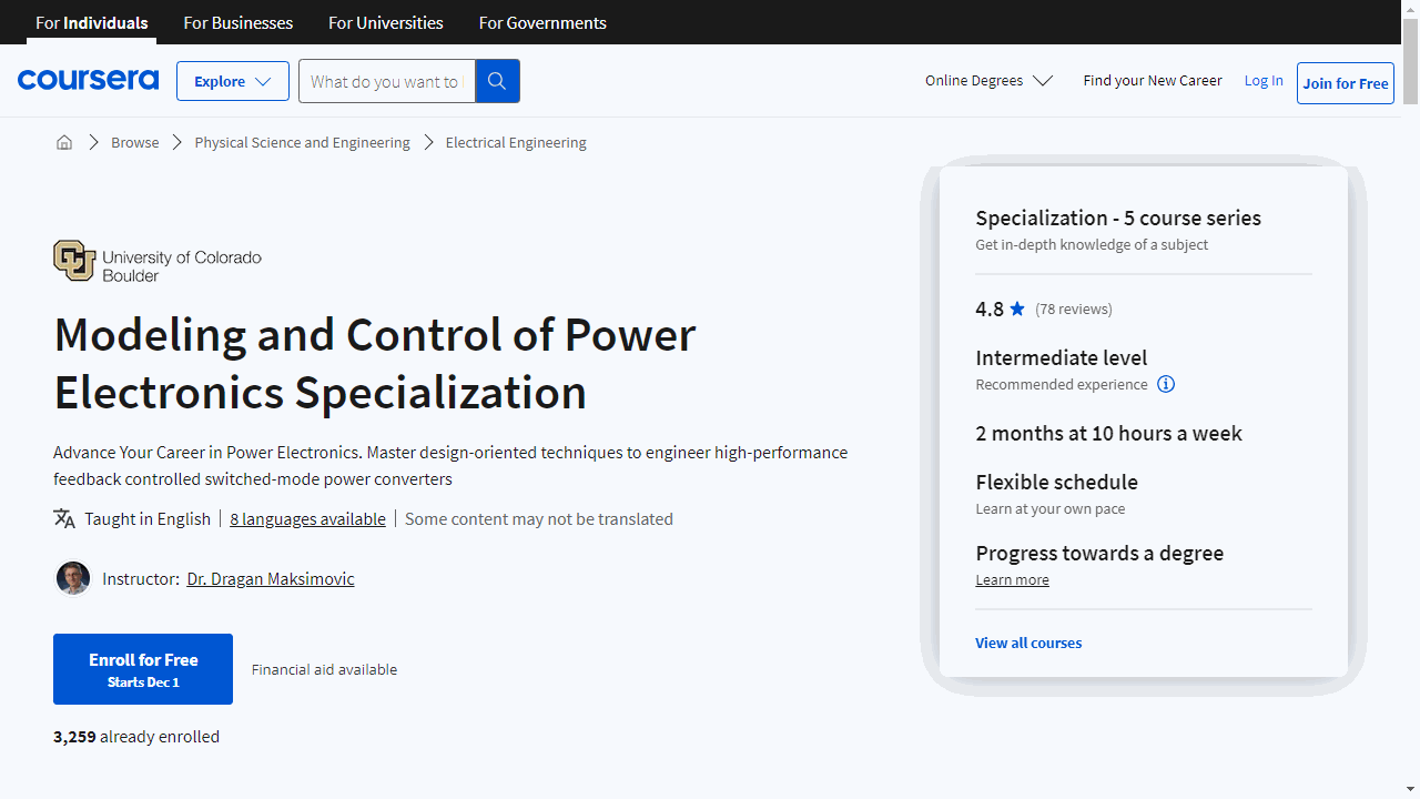 Modeling and Control of Power Electronics Specialization