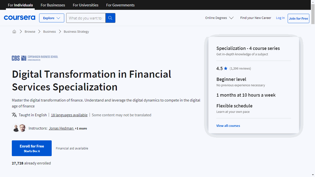 Digital Transformation in Financial Services Specialization