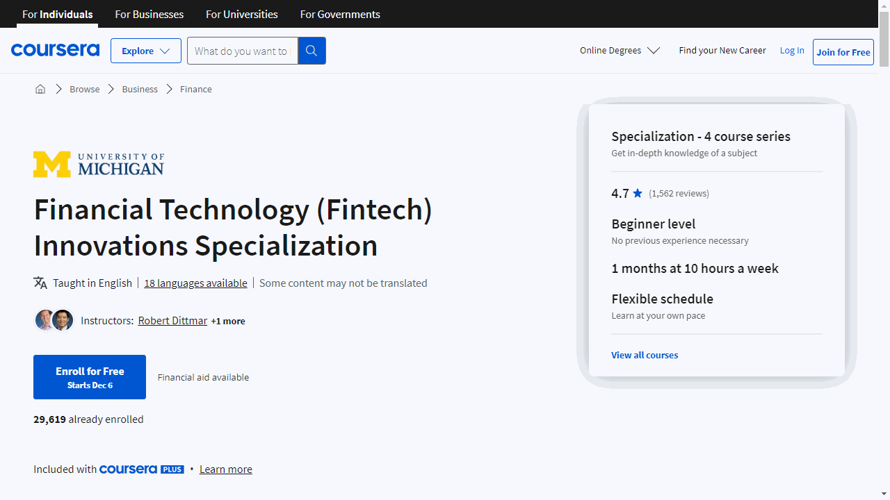Financial Technology (Fintech) Innovations Specialization