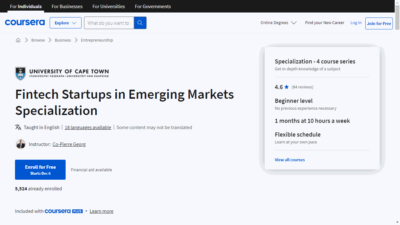Fintech Startups in Emerging Markets Specialization