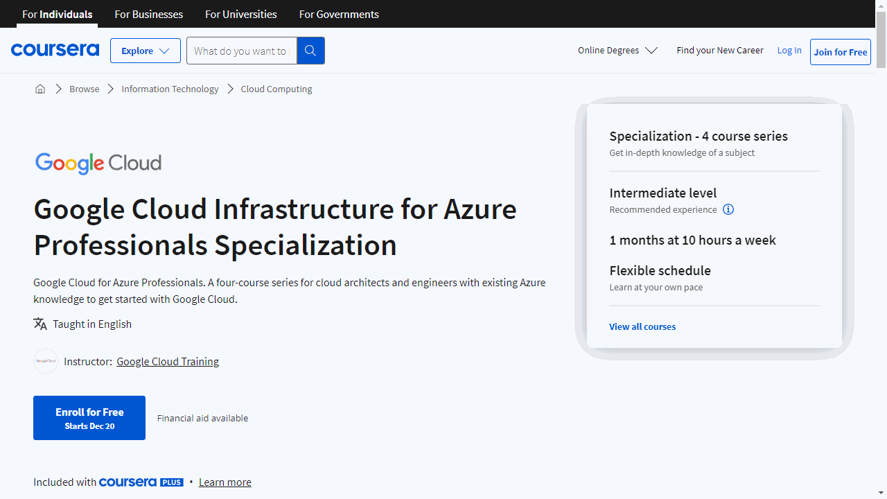 Google Cloud Infrastructure for Azure Professionals Specialization