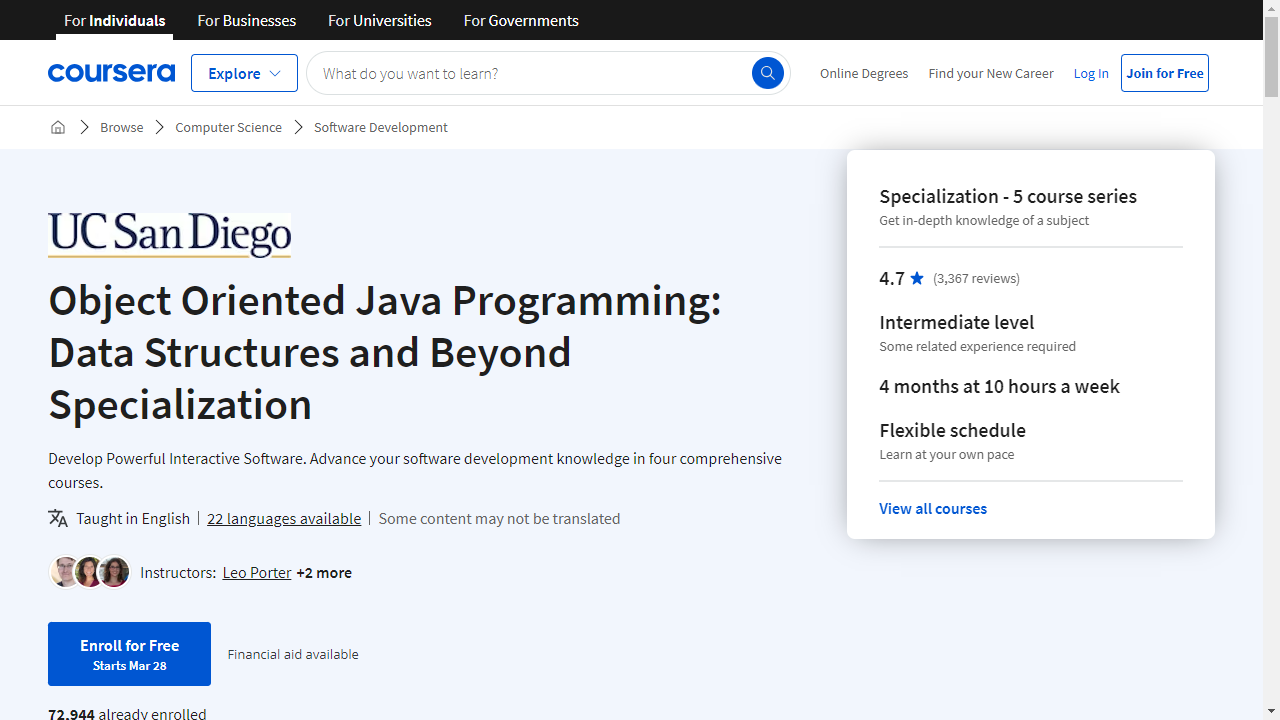 Object Oriented Java Programming: Data Structures and Beyond Specialization