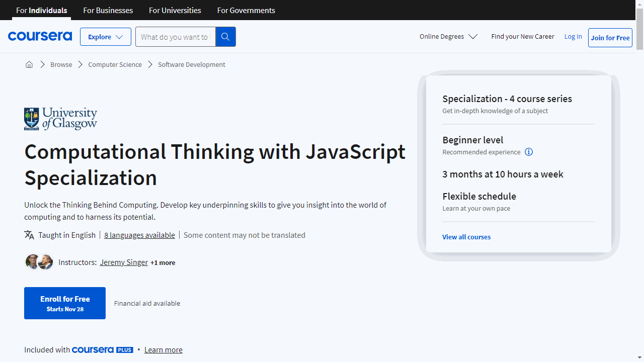 Computational Thinking with JavaScript Specialization