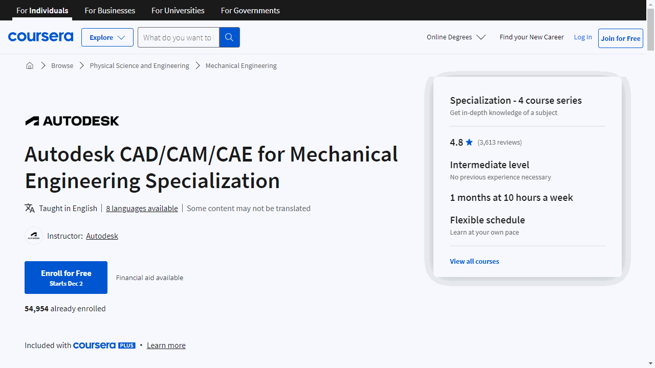 Autodesk CAD/CAM/CAE for Mechanical Engineering Specialization