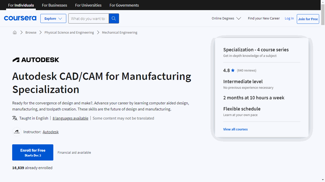 Autodesk CAD/CAM for Manufacturing Specialization