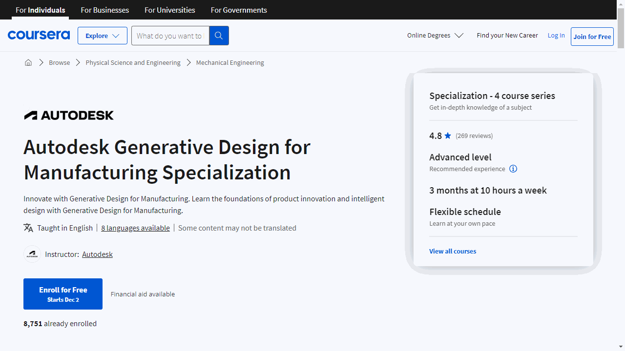 Autodesk Generative Design for Manufacturing Specialization