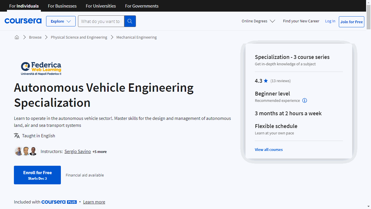 Autonomous Vehicle Engineering Specialization