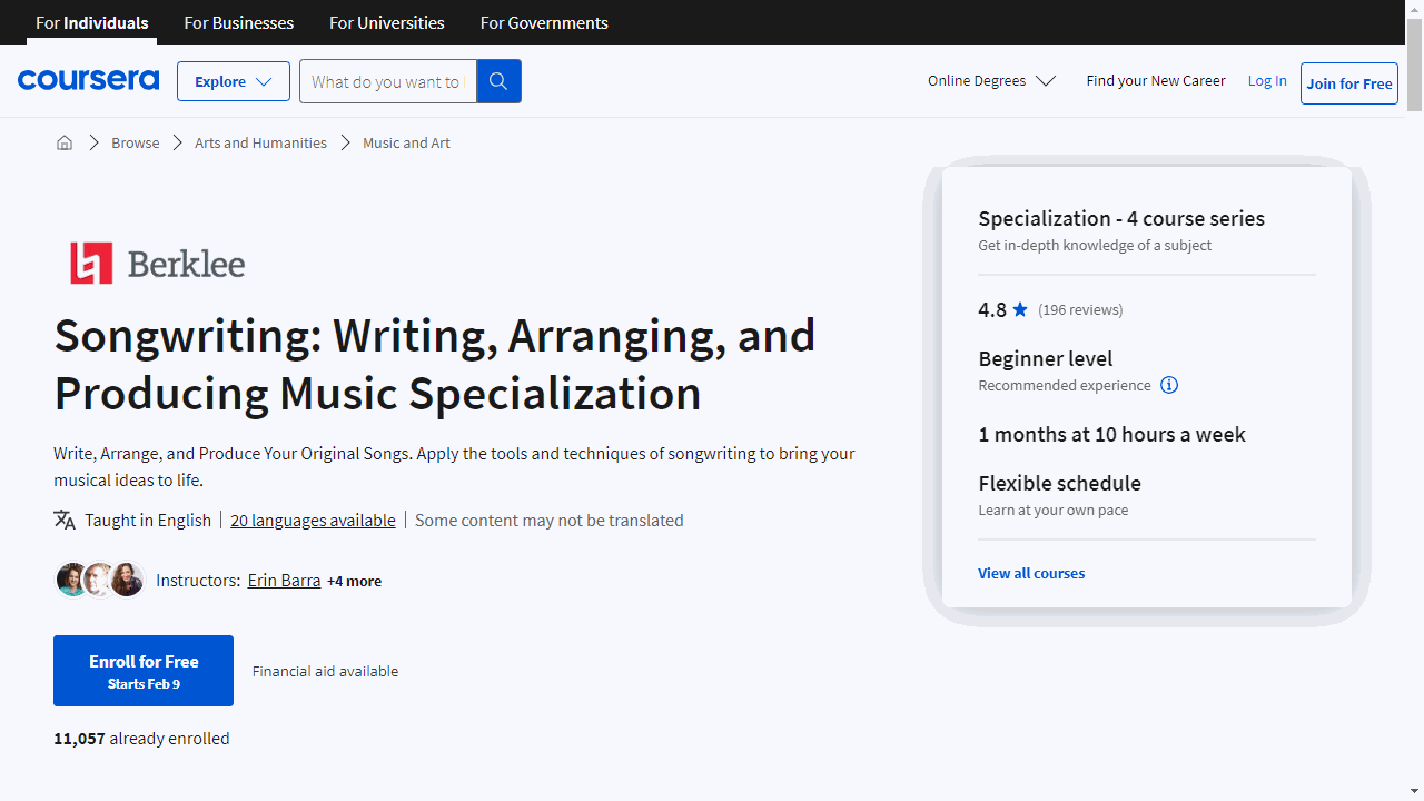 Songwriting: Writing, Arranging, and Producing Music Specialization