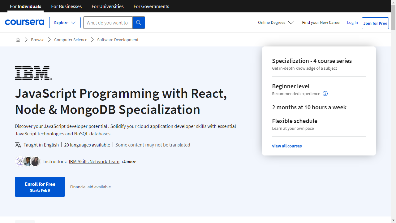 JavaScript Programming with React, Node & MongoDB Specialization