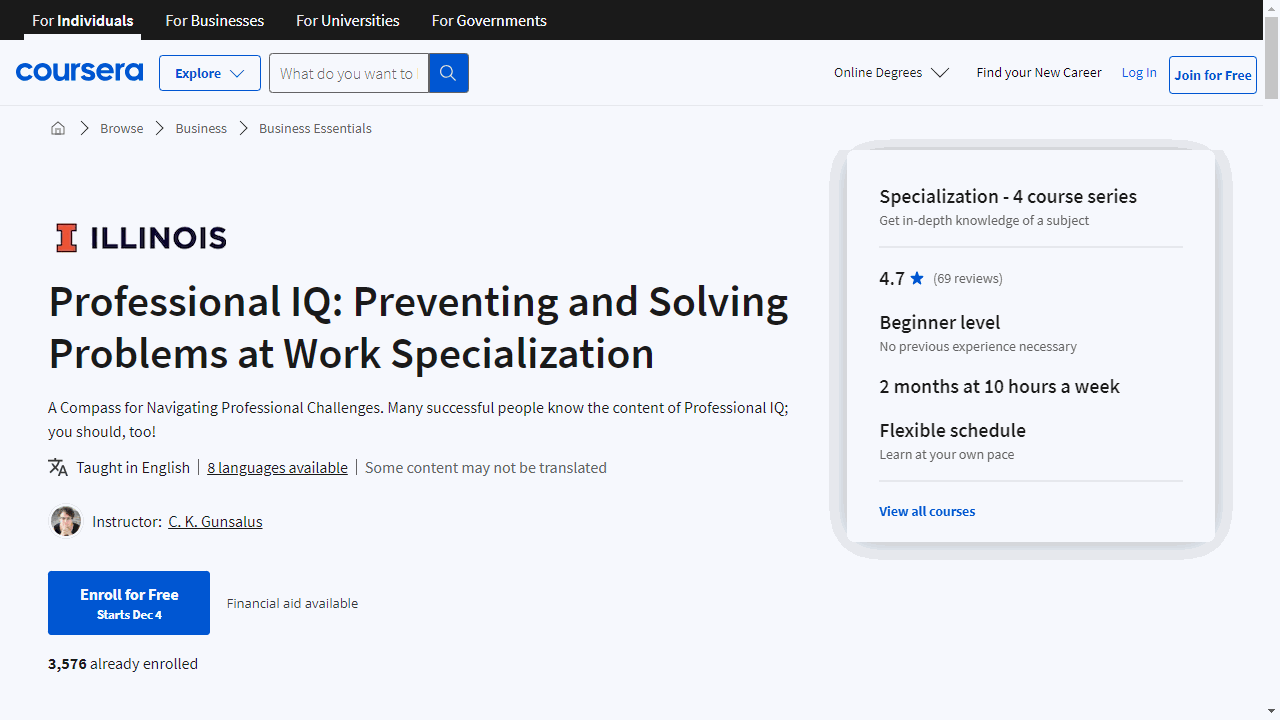 Professional IQ: Preventing and Solving Problems at Work Specialization