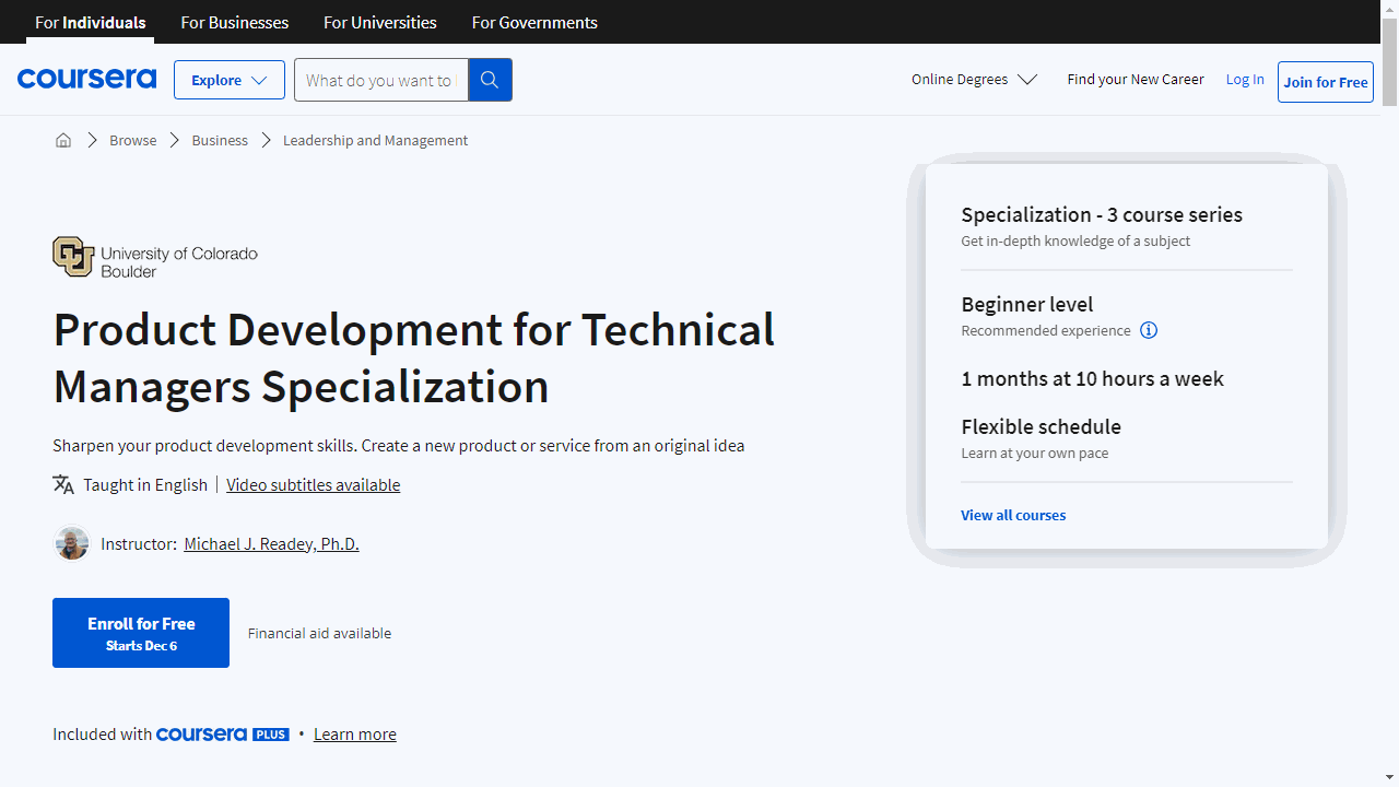 Product Development for Technical Managers Specialization