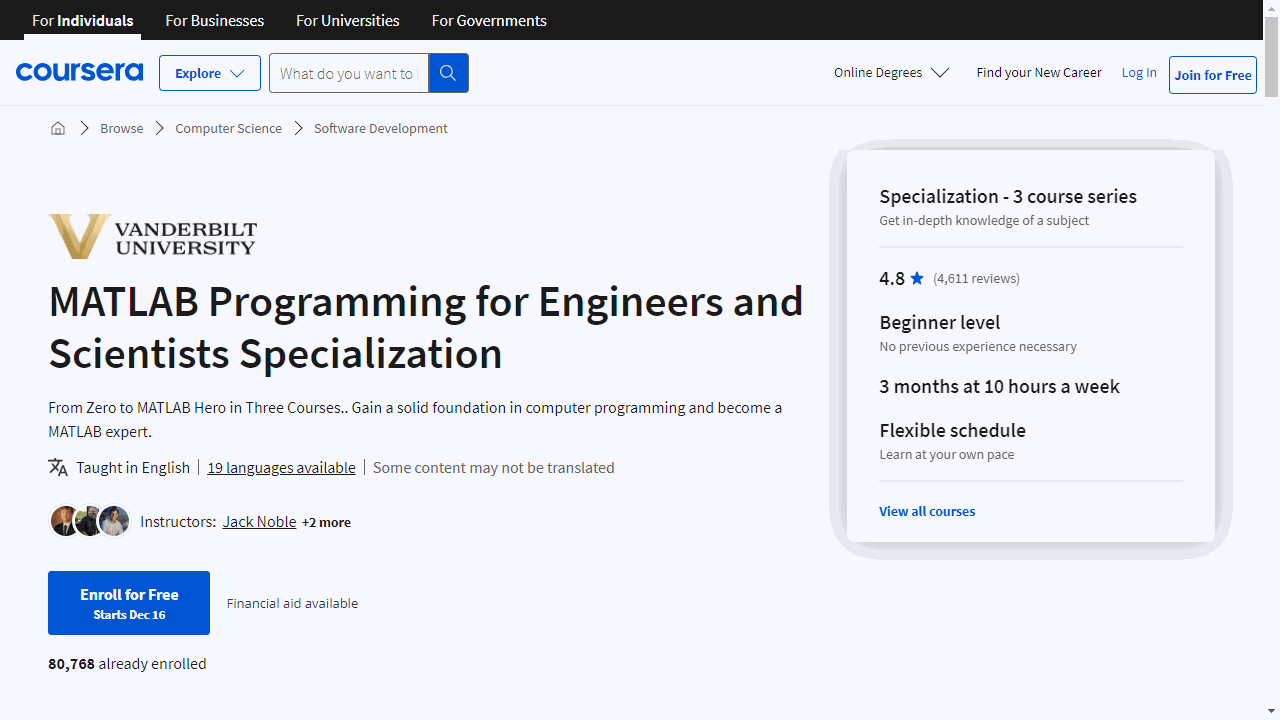 MATLAB Programming for Engineers and Scientists Specialization
