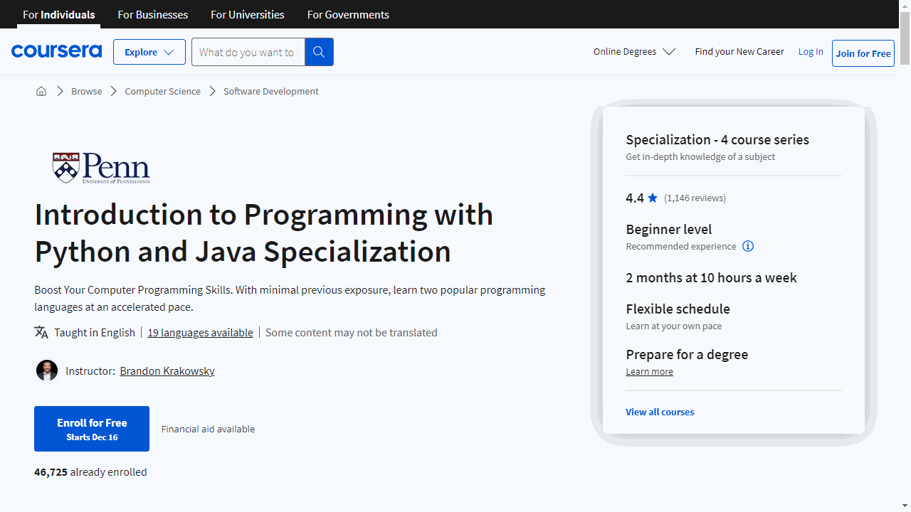 Introduction to Programming with Python and Java Specialization