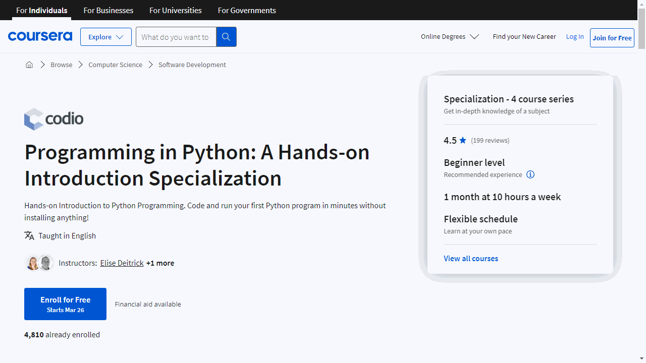 Programming in Python: A Hands-on Introduction Specialization