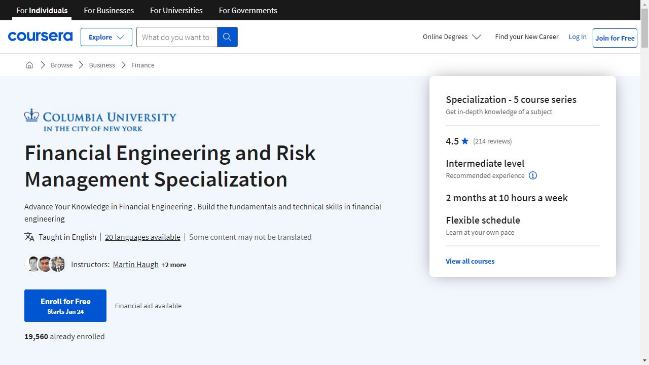 Financial Engineering and Risk Management Specialization