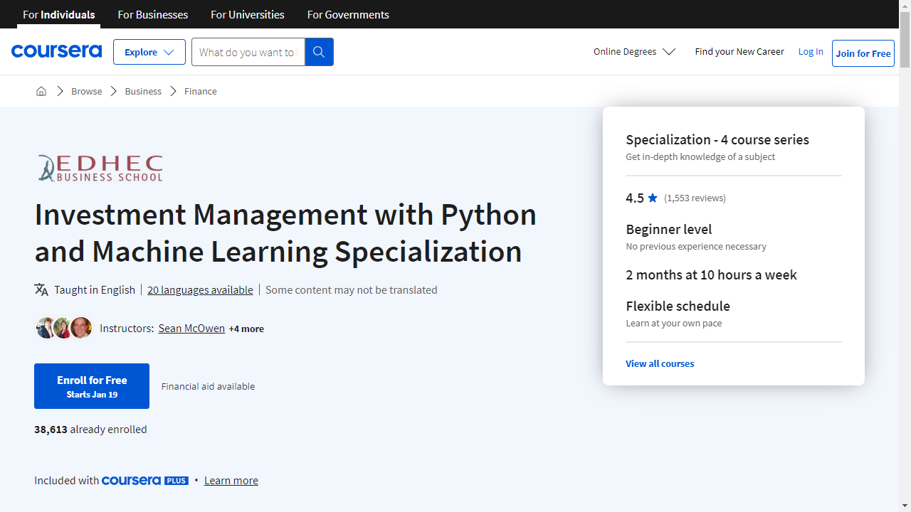 Investment Management with Python and Machine Learning Specialization