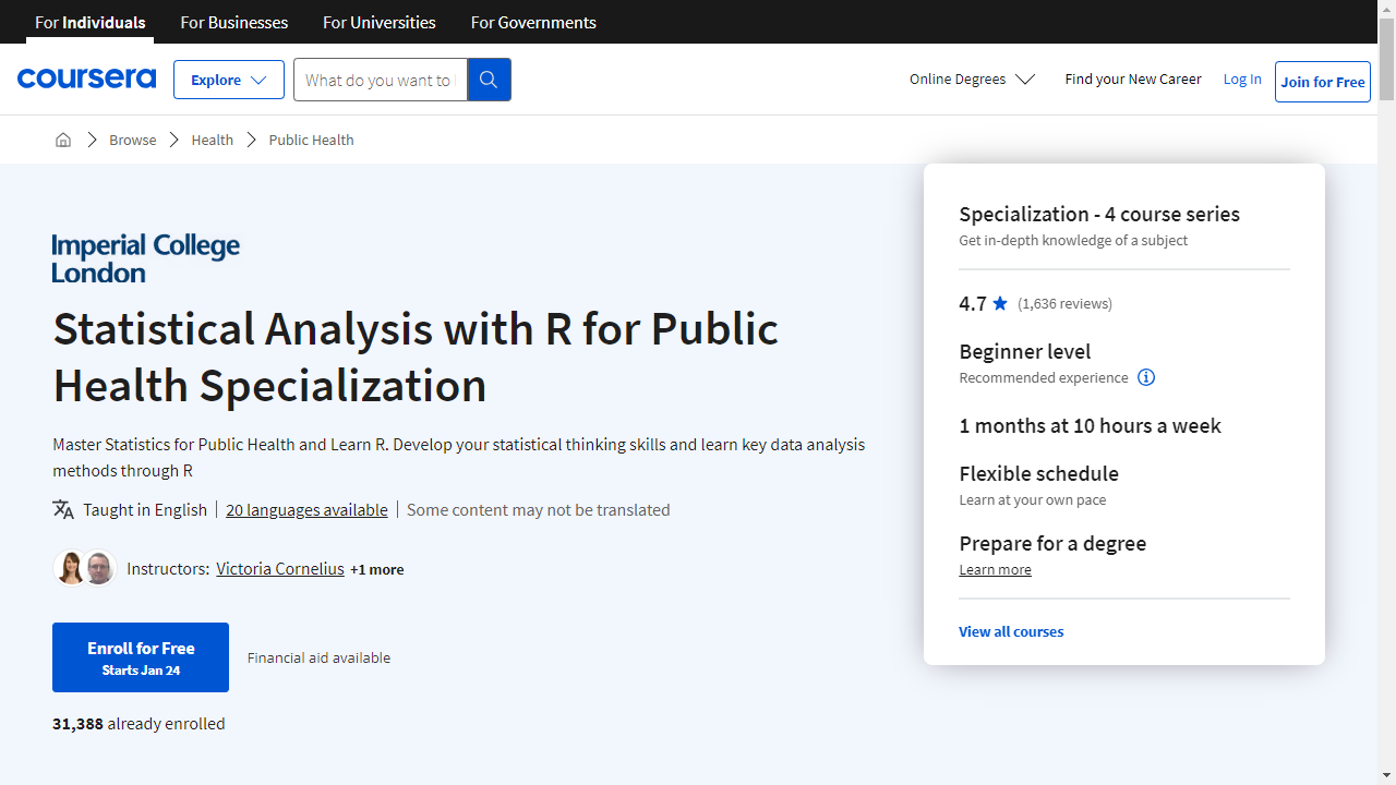 Statistical Analysis with R for Public Health Specialization