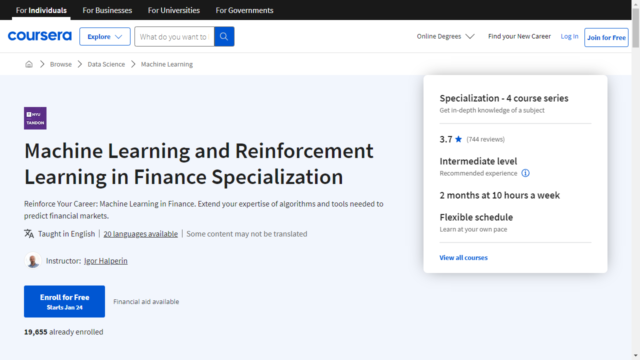 Machine Learning and Reinforcement Learning in Finance Specialization