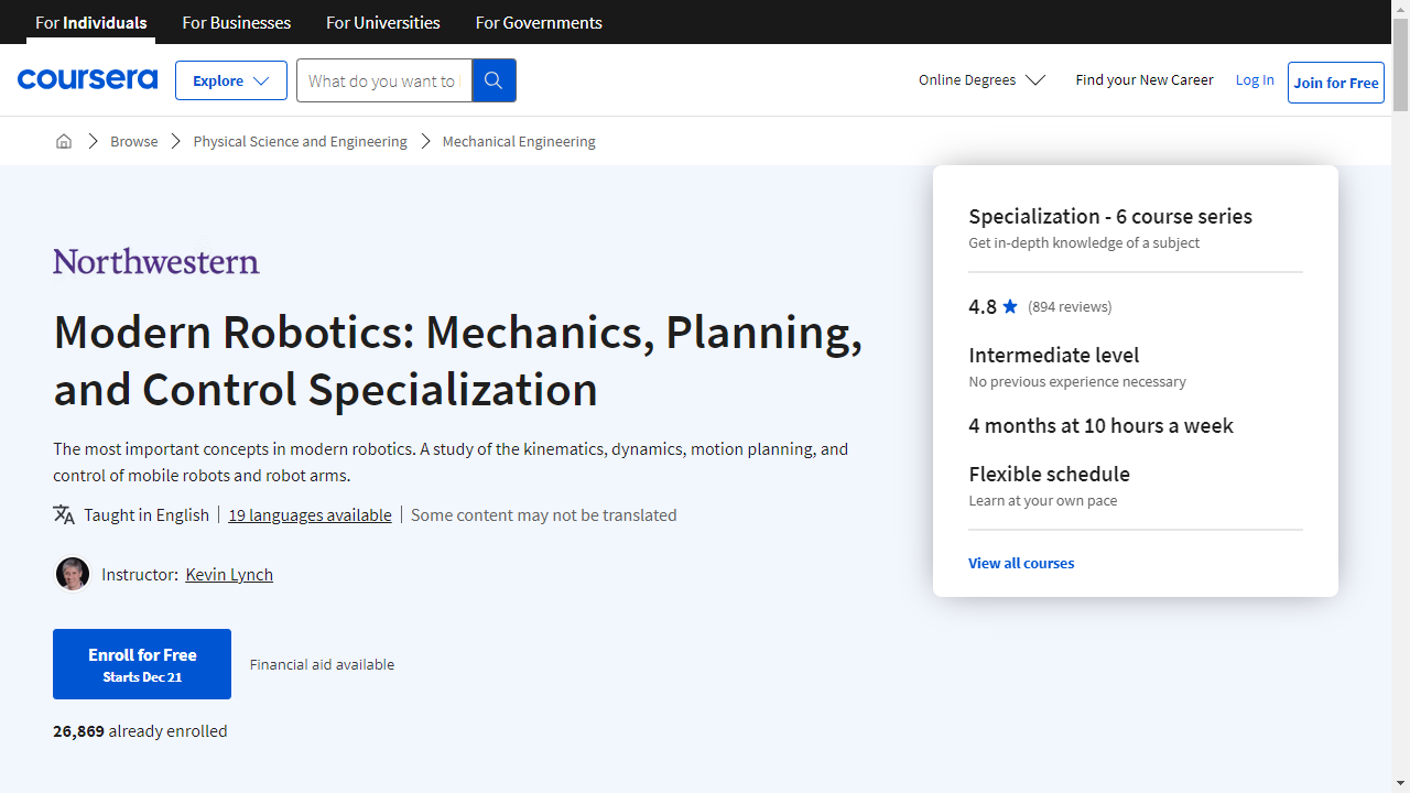 Modern Robotics:  Mechanics, Planning, and Control Specialization