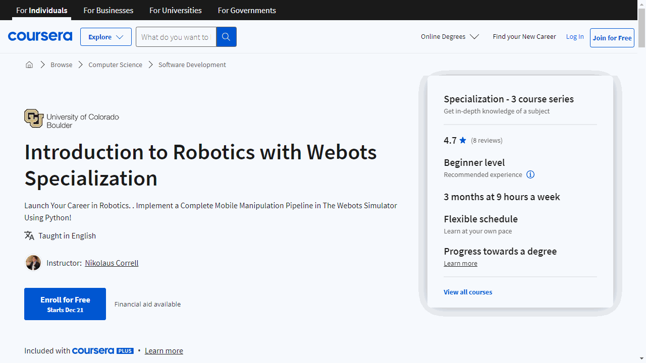 Introduction to Robotics with Webots Specialization