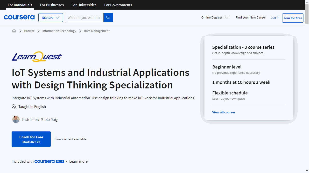 IoT Systems and Industrial Applications with Design Thinking Specialization