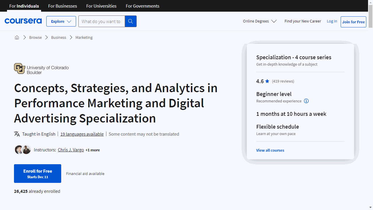 Concepts, Strategies, and Analytics in Performance Marketing and Digital Advertising Specialization
